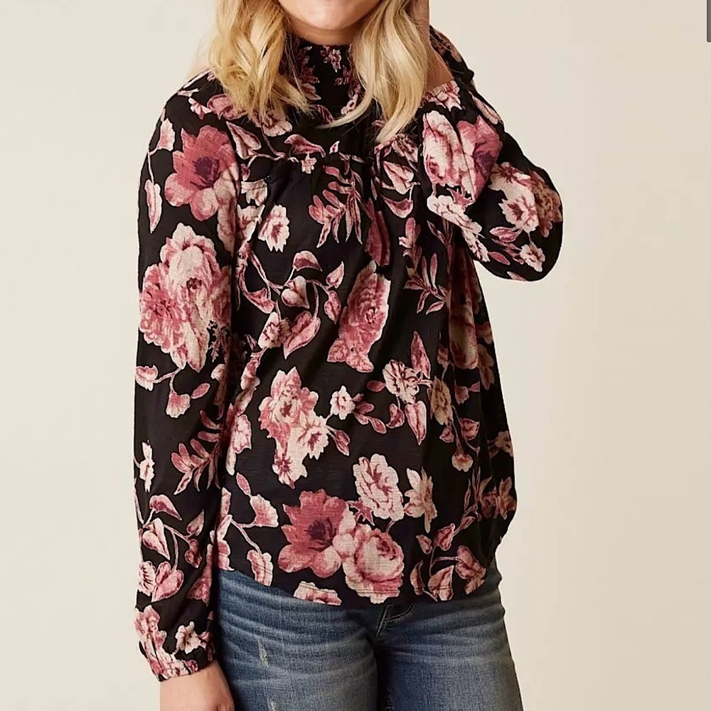 NWT Lucky Brand‎ Women’s Mock Neck Floral Long Sleeve Top Pink Black Size Small